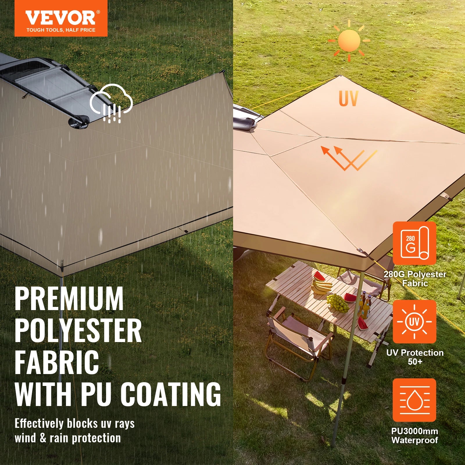 Retractable car side awning by Your Outdoors n' More attached to vehicle, providing shade and shelter during outdoor trips.