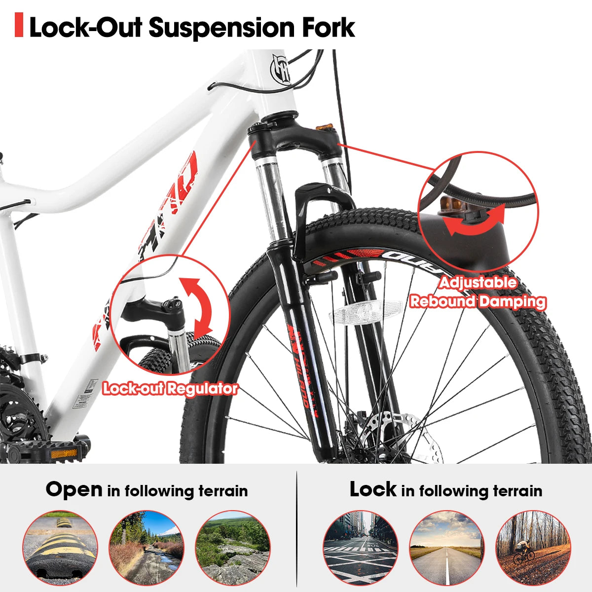 Hiland 20 26 27 inch women’s mountain bike with 21 speeds and lock-out suspension fork, featuring durable frame and off-road tires
