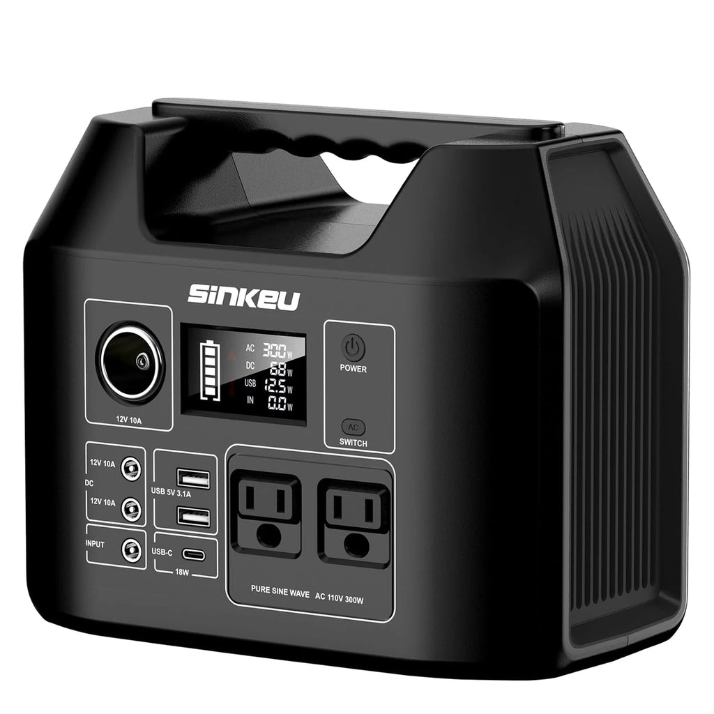 Portable 300W solar generator with 256Wh LiFePO4 battery, AC, DC, USB, and USB-C ports for camping and outdoor power needs.