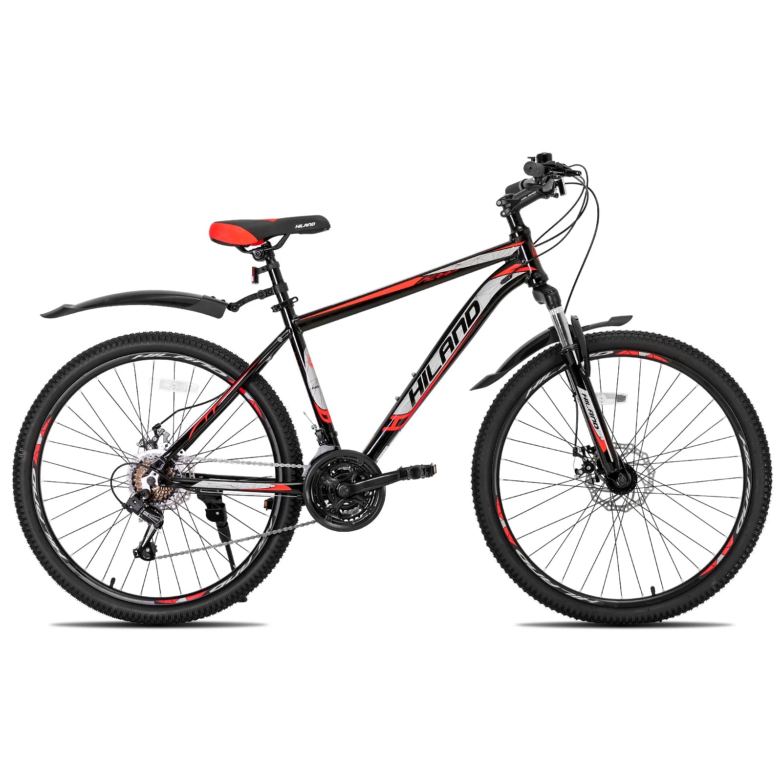Mountain bike with Shimano 21-speed drivetrain featuring a sturdy frame, knobby tires, and gear shifters for versatile riding.