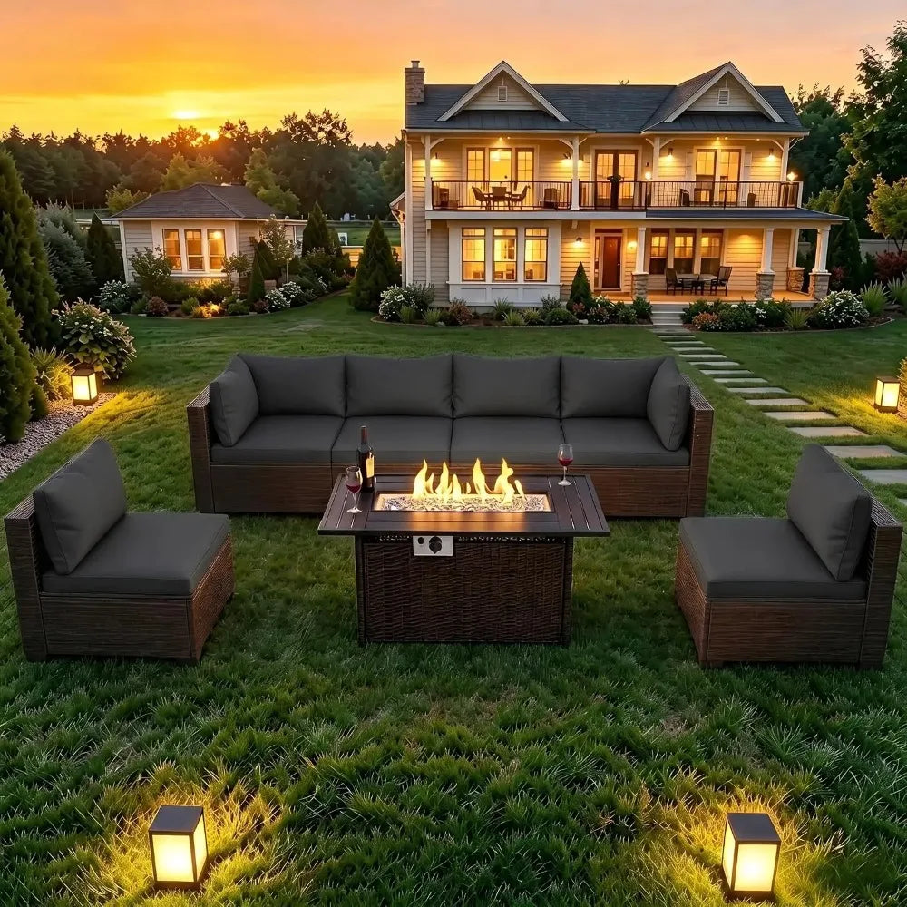 8-Piece Wicker Patio Conversation Set with 44" Propane Fire Pit Table.