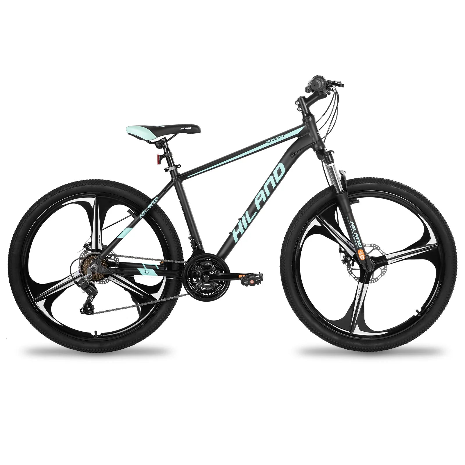 Mountain bike with Shimano 21-speed drivetrain, featuring a sturdy frame and gear shifters for versatile outdoor cycling.