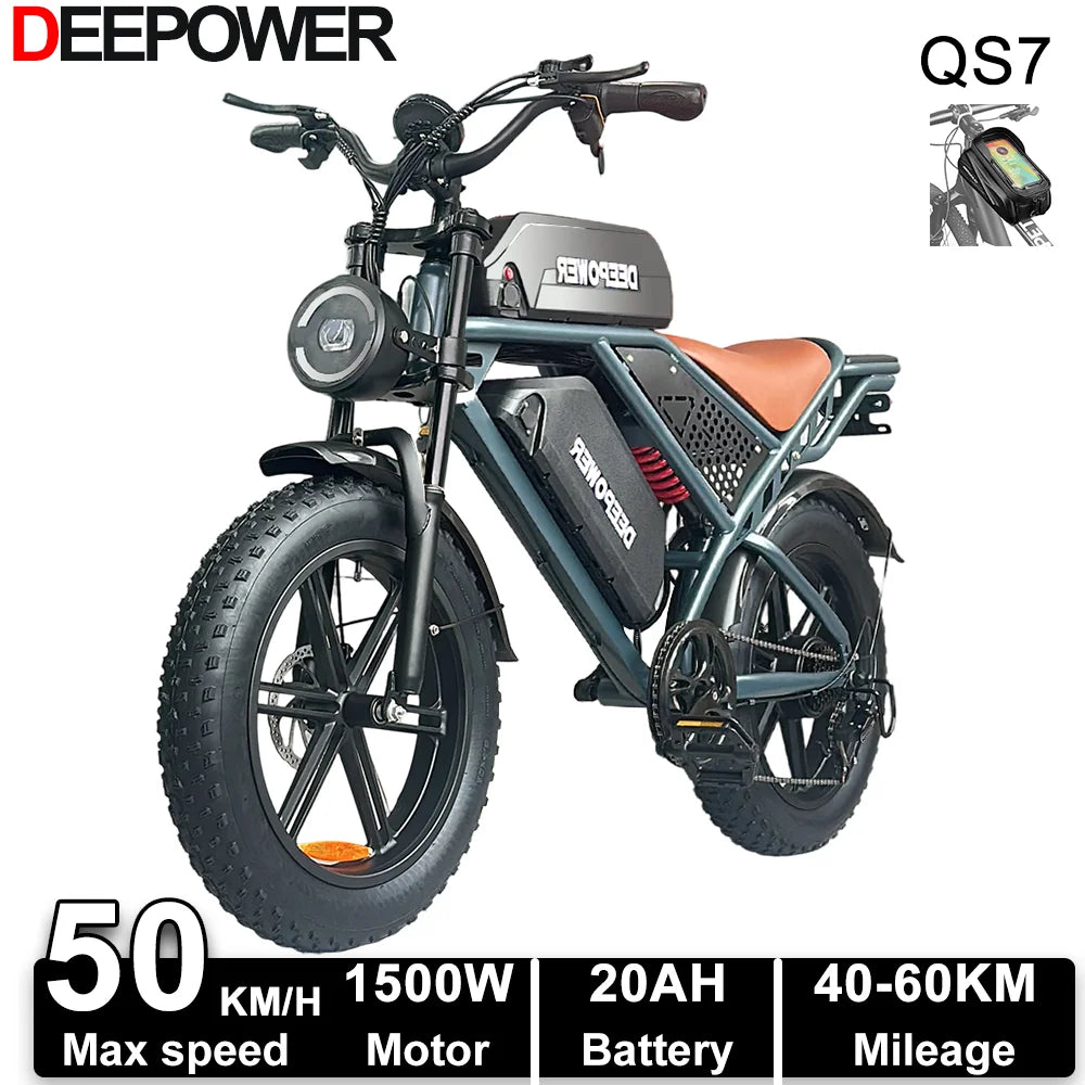 DEEPOWER QS7 electric bike with 20-inch fat tires, dual batteries, and off-road design for adults riding all-terrain outdoors.