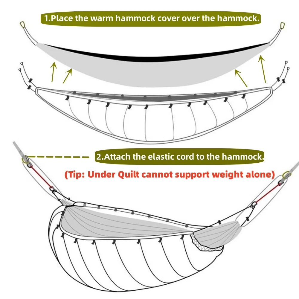 Your Outdoors n' More night hammock and sleeping bag set, with the hammock hanging and the sleeping bag rolled up nearby.