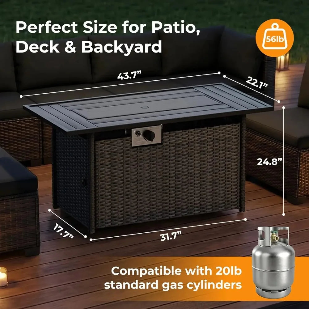 8-Piece Wicker Patio Conversation Set with 44" Propane Fire Pit Table.