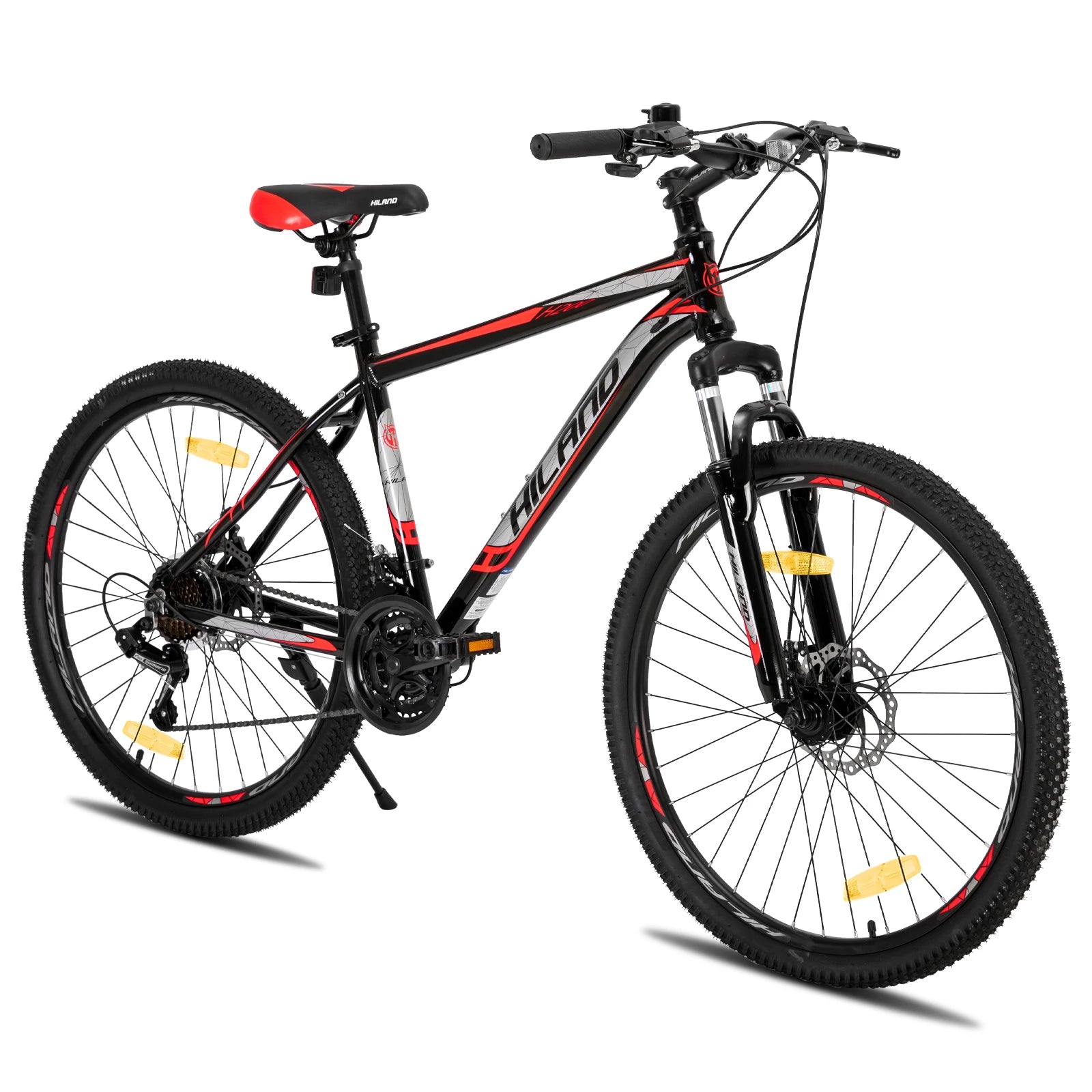 Mountain bike with Shimano 21-speed drivetrain and front suspension, designed for outdoor trail riding.