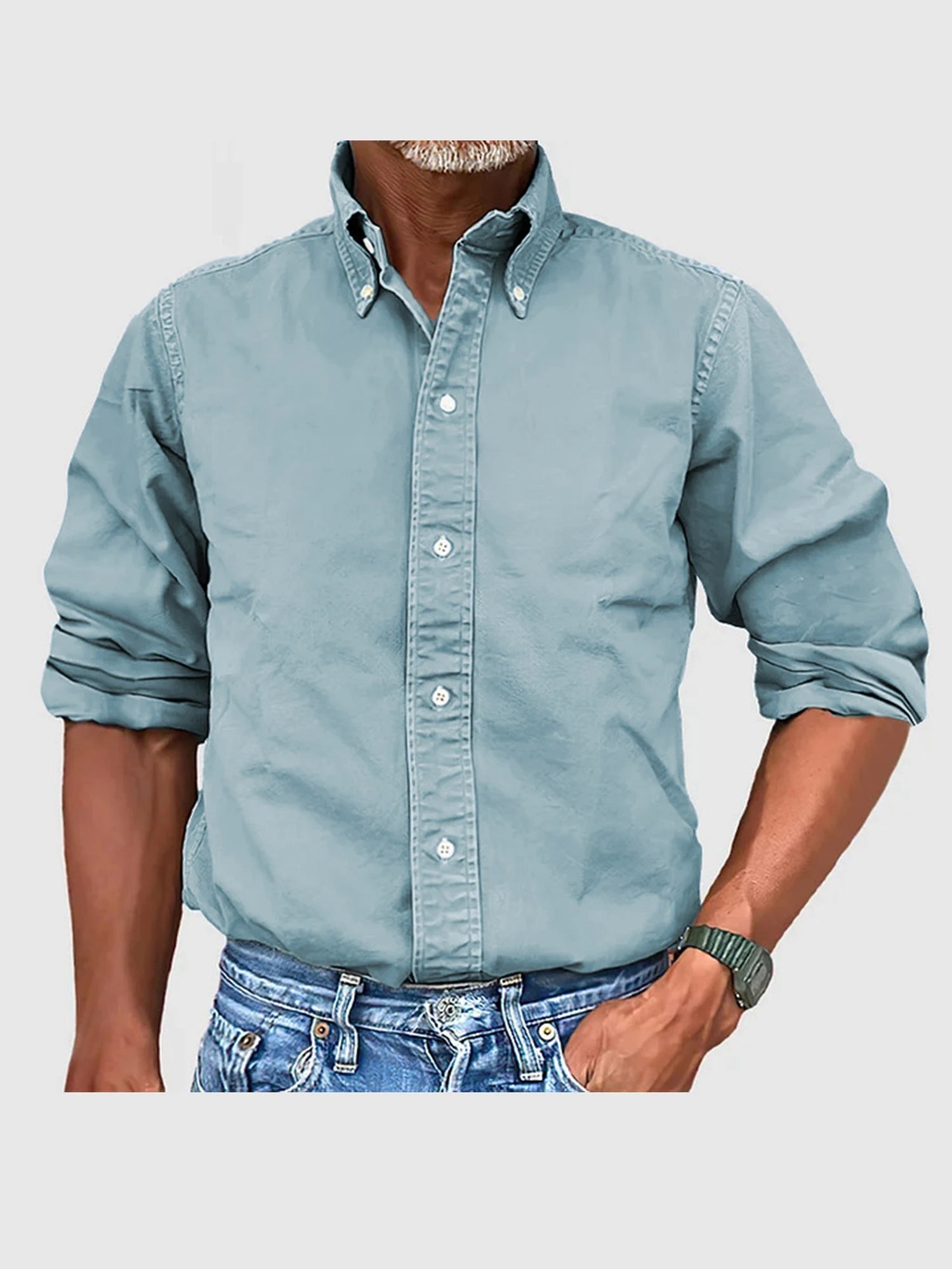 Men's casual fit long sleeve button-down shirt with solid color and turn-down collar, suitable for spring and autumn.
