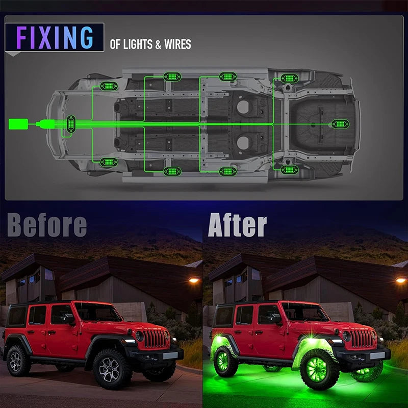 Car underbody rock lights by Your Outdoors n' More, showcasing sleek LED lights installed underneath a vehicle for off-road illumination.