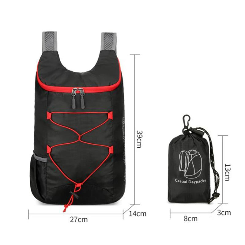 Multifunctional outdoor folding backpack by Your Outdoors n' More, shown in open and folded views for travel and hiking use.