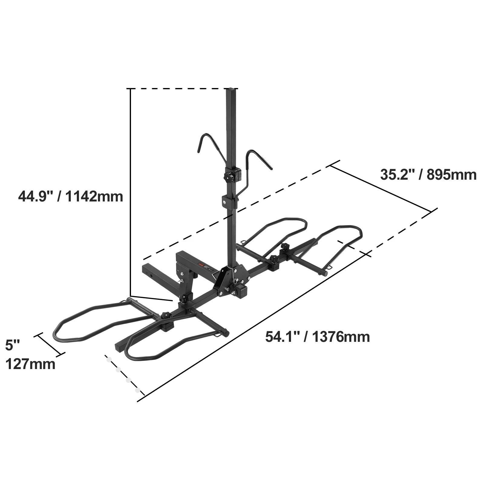 Hitch mount bike rack for two bikes by Your Outdoors n' More, showing the sturdy platform and adjustable straps for secure transport.