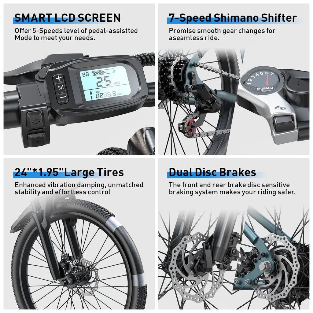 Electric mountain bike by Your Outdoors n' More with 36V battery, 500W peak motor, and 21-speed gear system.