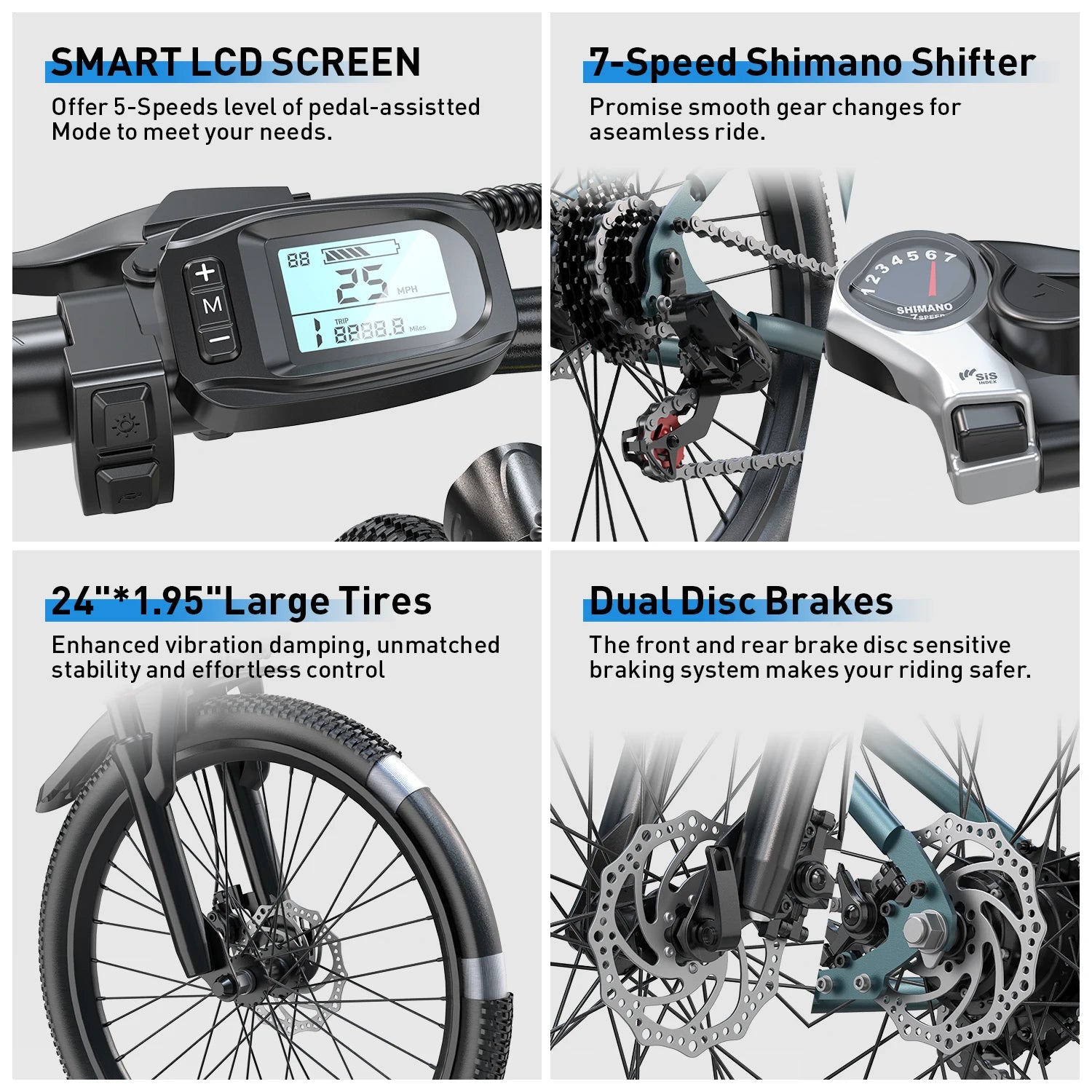Electric mountain bike by Your Outdoors n' More with 36V battery, 500W peak motor, and 21-speed gear system.