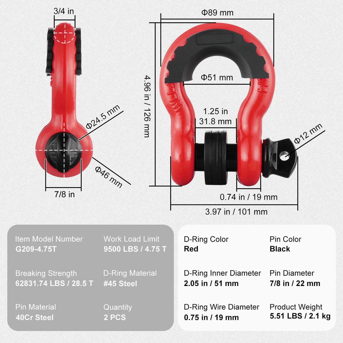 2 Pcs 3/4" D-Ring Shackle