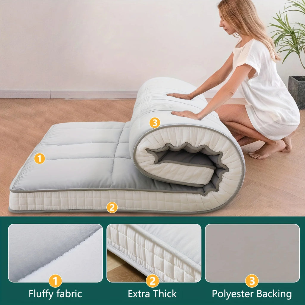 4-inch extra thick Japanese-style floor memory foam mattress from Your Outdoors n' More, shown rolled out on a wooden floor.