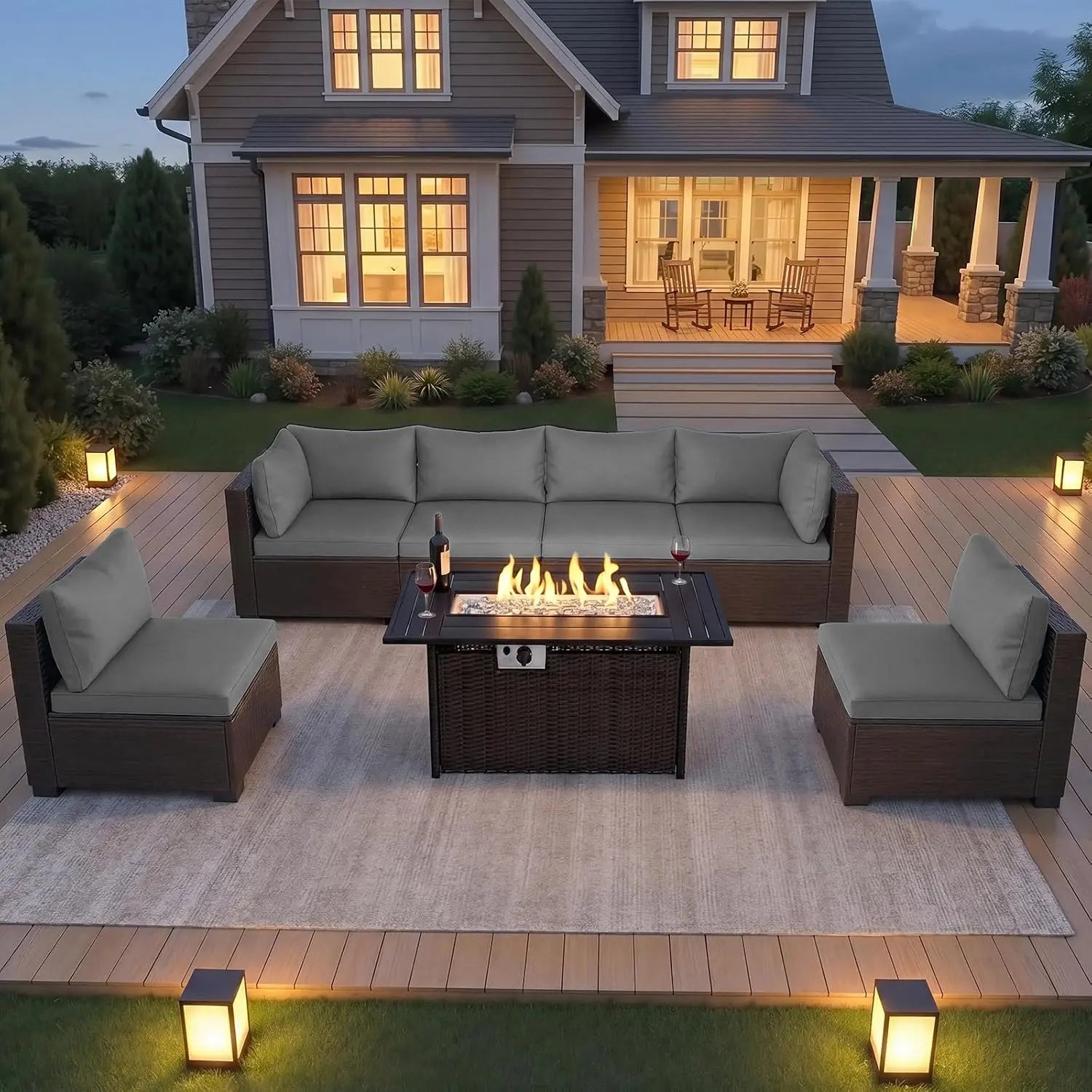 8-Piece Wicker Patio Conversation Set with 44" Propane Fire Pit Table.