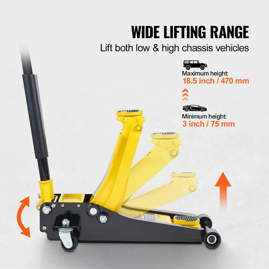 Heavy-duty 2-ton low profile floor jack from Your Outdoors n' More, shown in a close-up view highlighting its compact design and hydraulic lift.