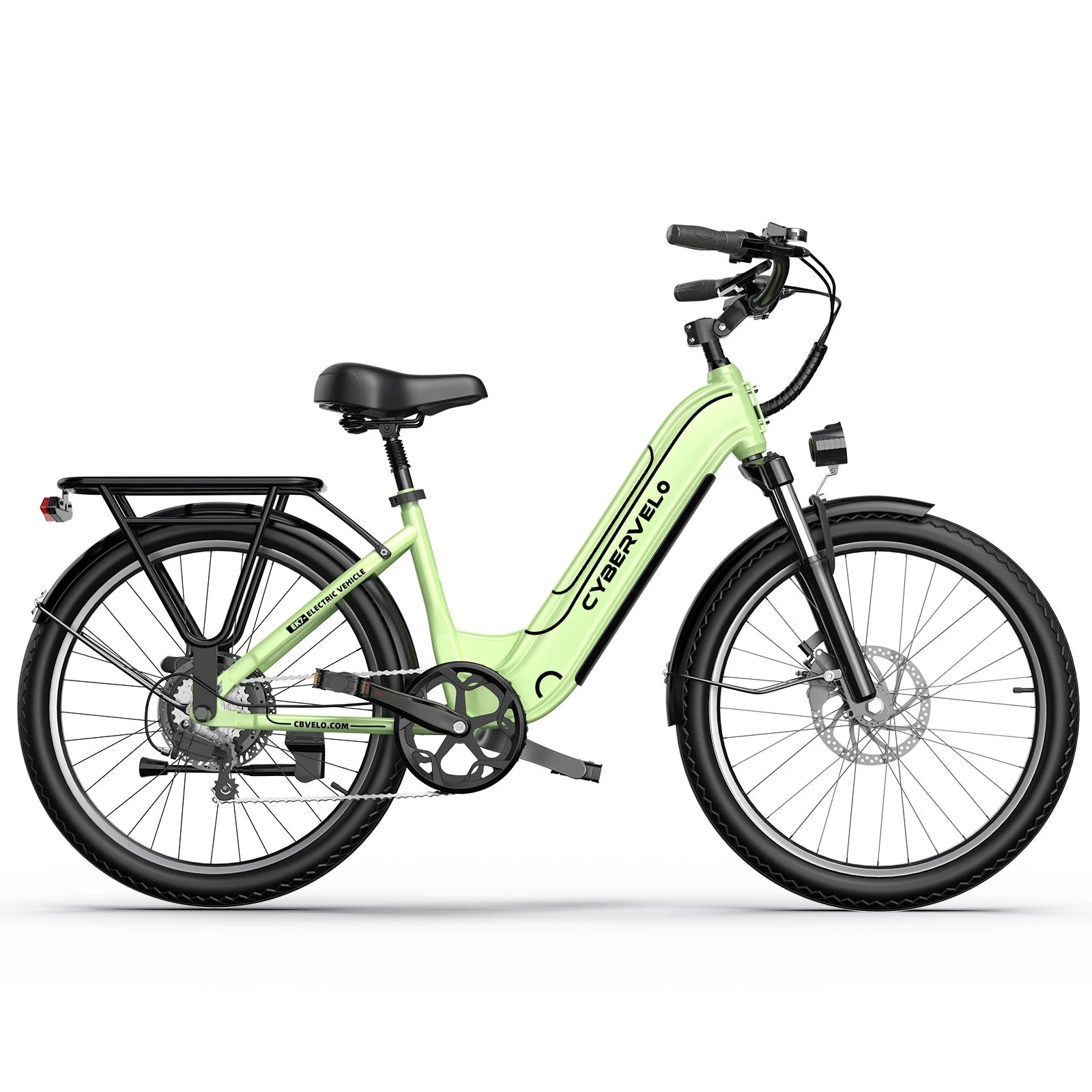 26-inch electric e-bike with 7-speed gears from Your Outdoors n' More, featuring a sleek frame and battery pack for long rides.
