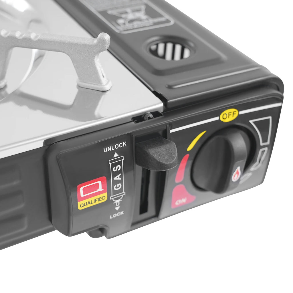 Two-burner family camping gas stove with grill pan from Your Outdoors n' More, showing the stove's burners and included grill pan.