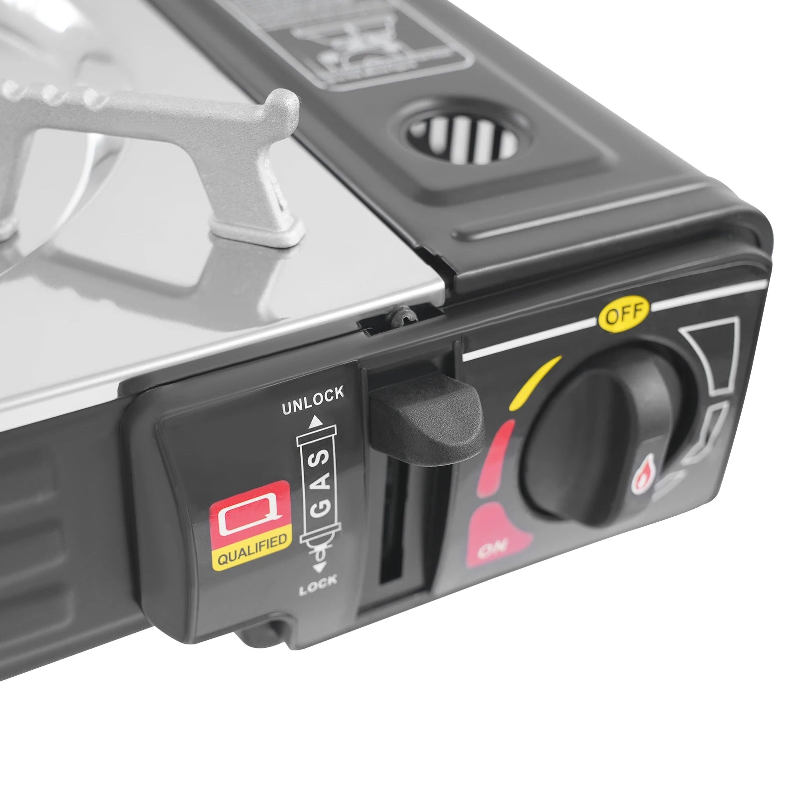 Two-burner family camping gas stove with grill pan from Your Outdoors n' More, showing the stove's burners and included grill pan.