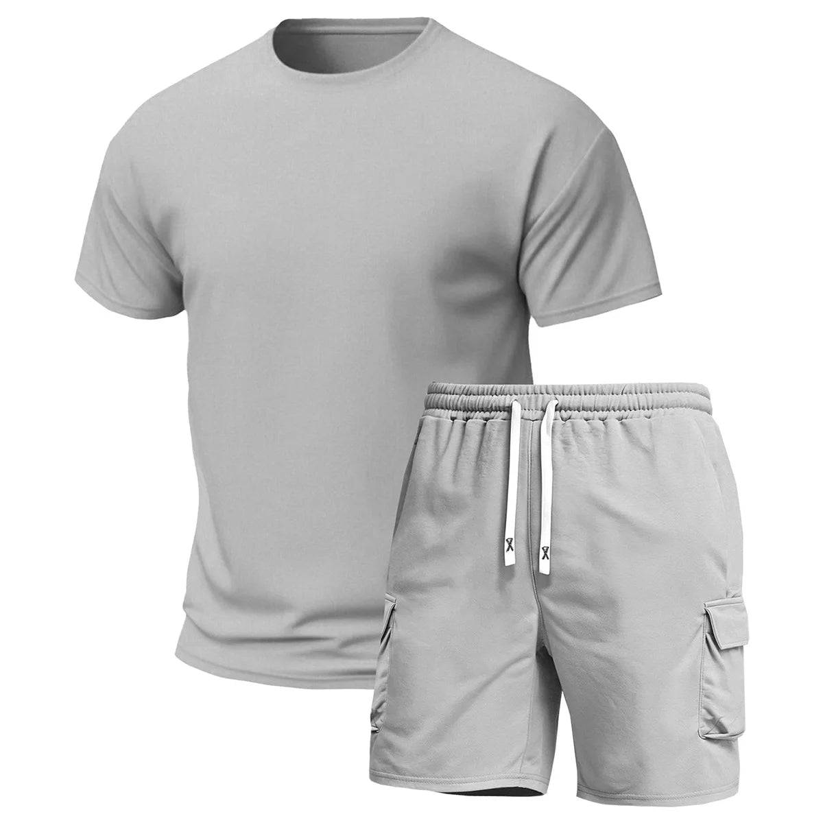 Men's multi-pocket cargo pants and short sleeve T-shirt set by Your Outdoors n' More, shown in neutral colors on a model.