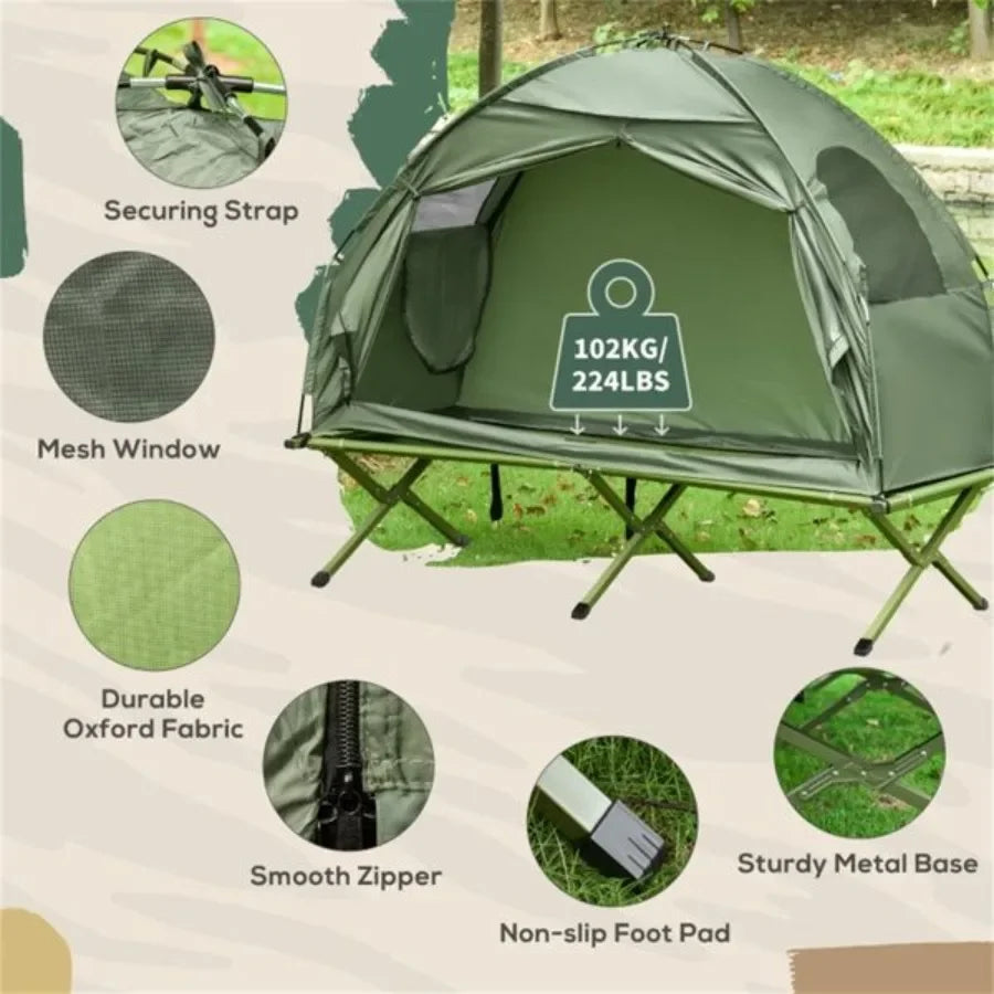 2-in-1 camping set includes a camping tent and an elevated cot.