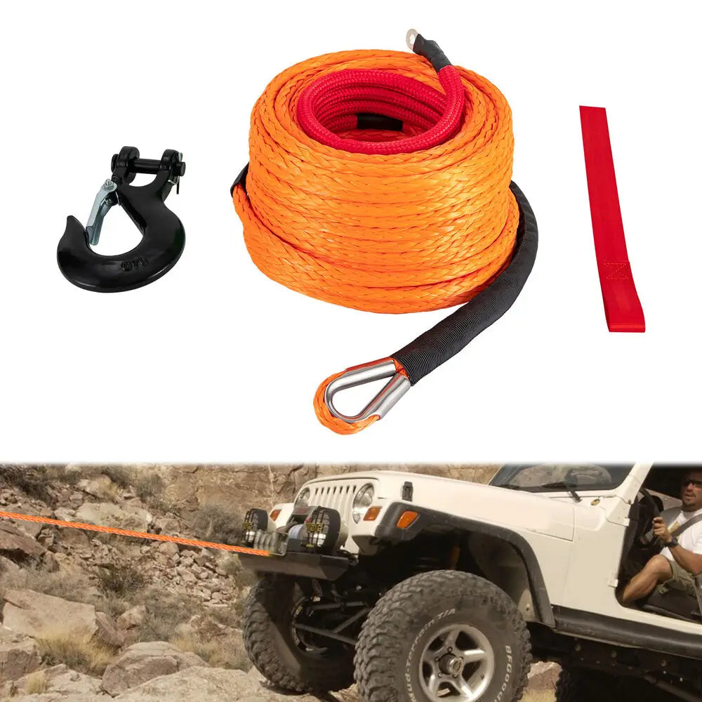 Synthetic 3/8-inch by 100-foot winch rope from Your Outdoors n' More, showing durable, high-strength material with reinforced ends.