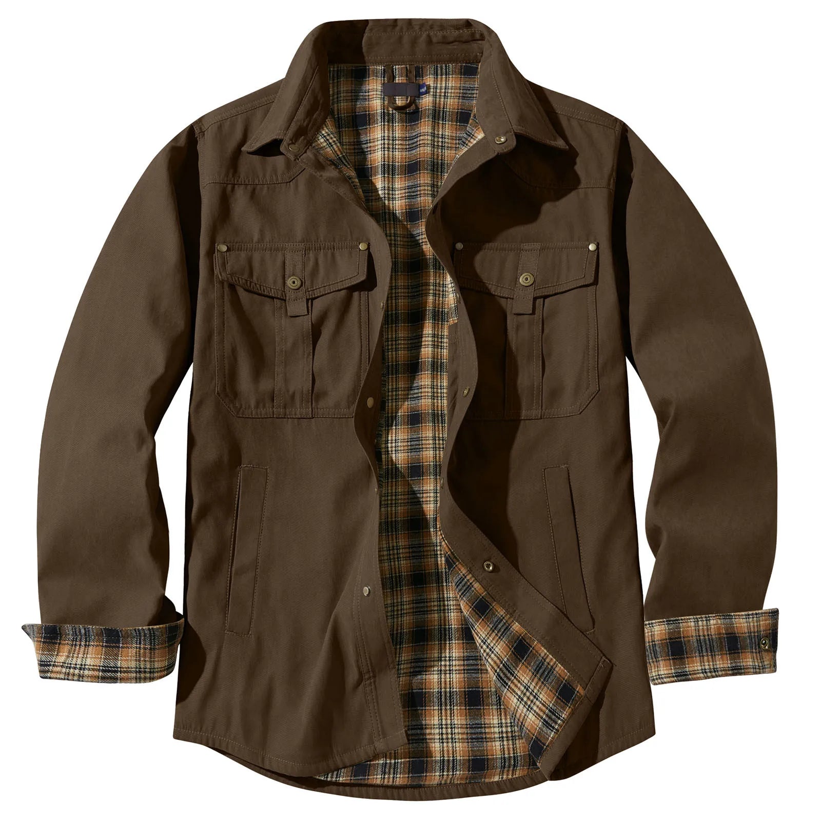 Men's plus size plaid flannel casual jacket with lapel collar from Your Outdoors n' More, shown in a relaxed fit style.