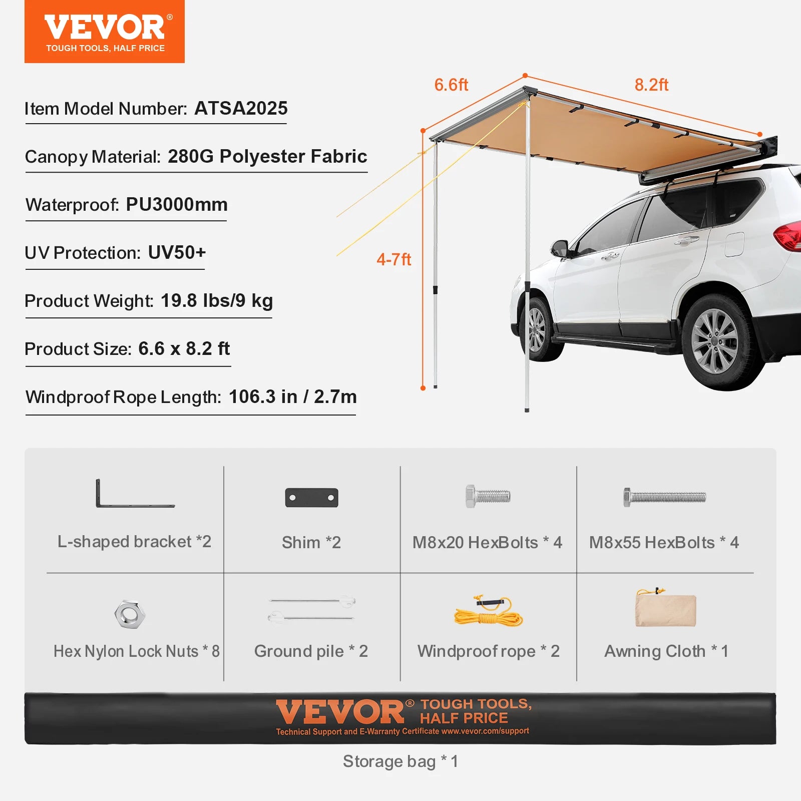 Retractable car side awning from Your Outdoors n' More, extended over vehicle side with fabric canopy and support arms visible.