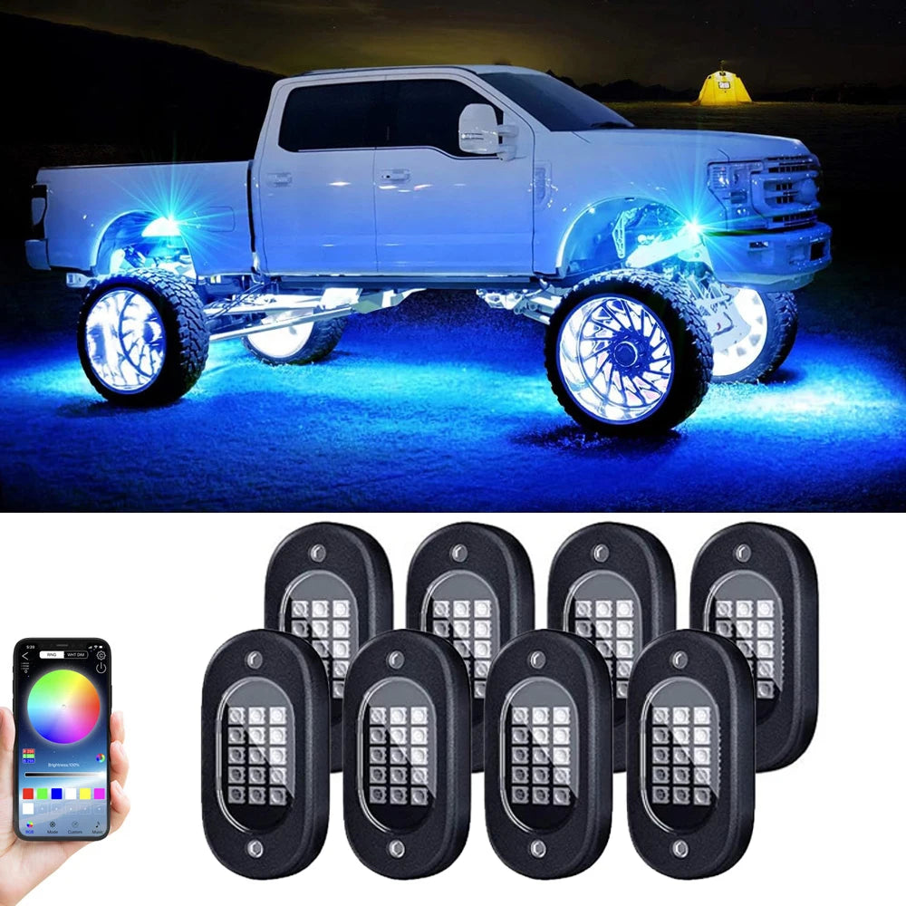 Car underbody rock lights from Your Outdoors n' More, showcasing colorful LED lights installed underneath vehicle for accent lighting.