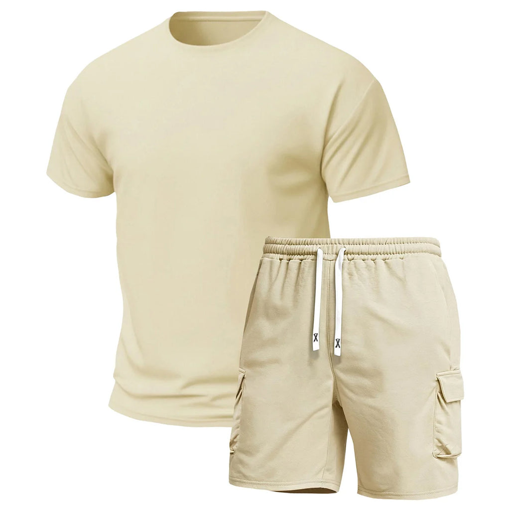 2-Pack Men's Multi-Pocket Cargo Pants and Short Sleeve T-Shirt Set.