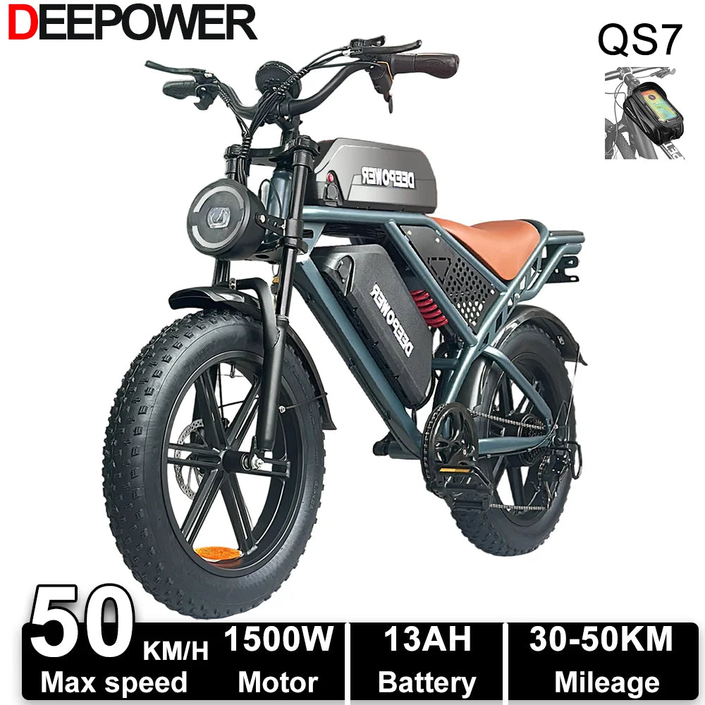 DEEPOWER QS7 electric bike with 20-inch fat tires, dual batteries, and off-road design, suitable for adult all-terrain riding.