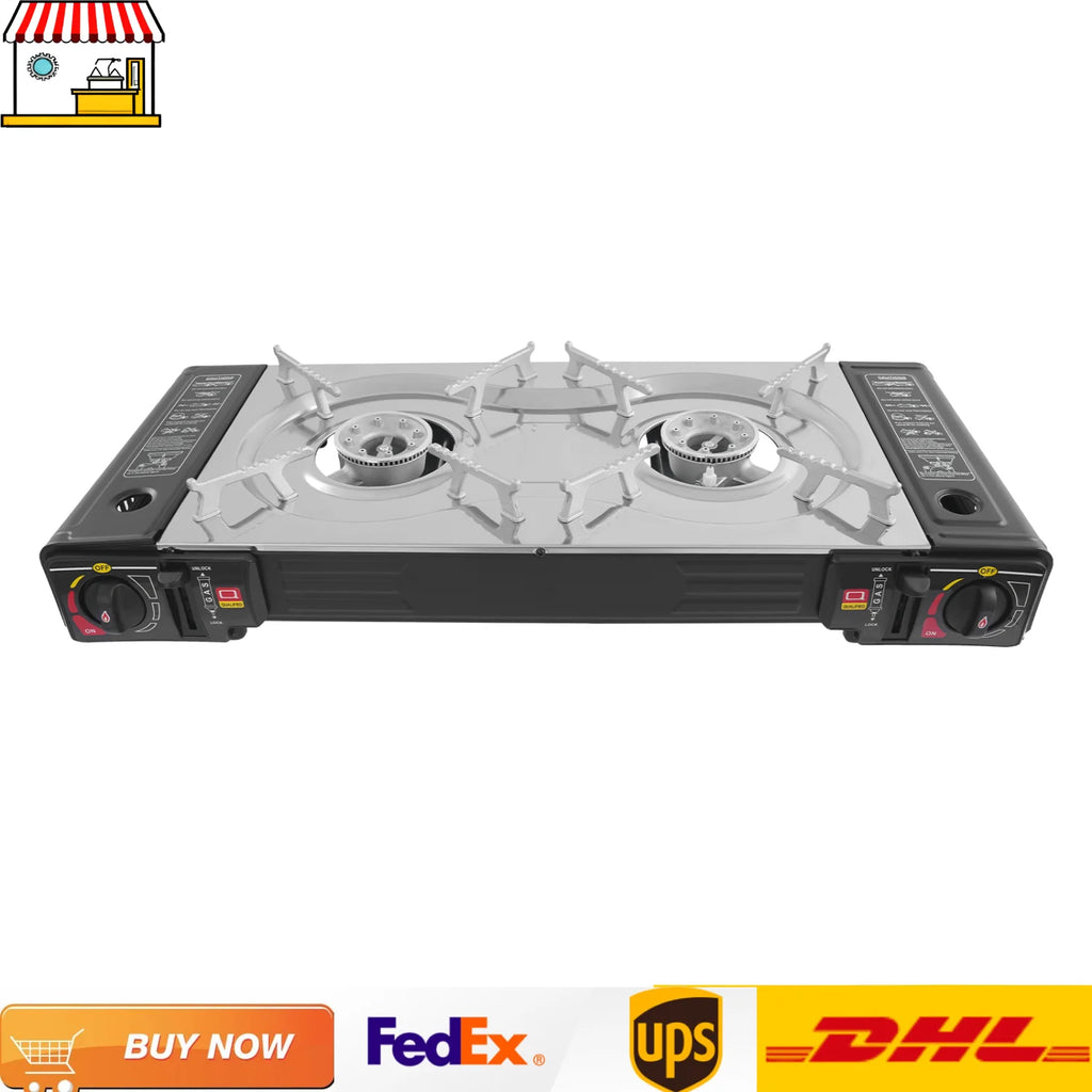 Two-burner camping gas stove with grill pan by Your Outdoors n' More, ideal for family outdoor cooking and camping adventures.