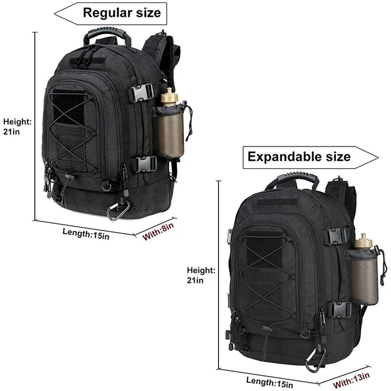 Military tactical backpack with multiple compartments, adjustable straps, and durable fabric in camouflage pattern.