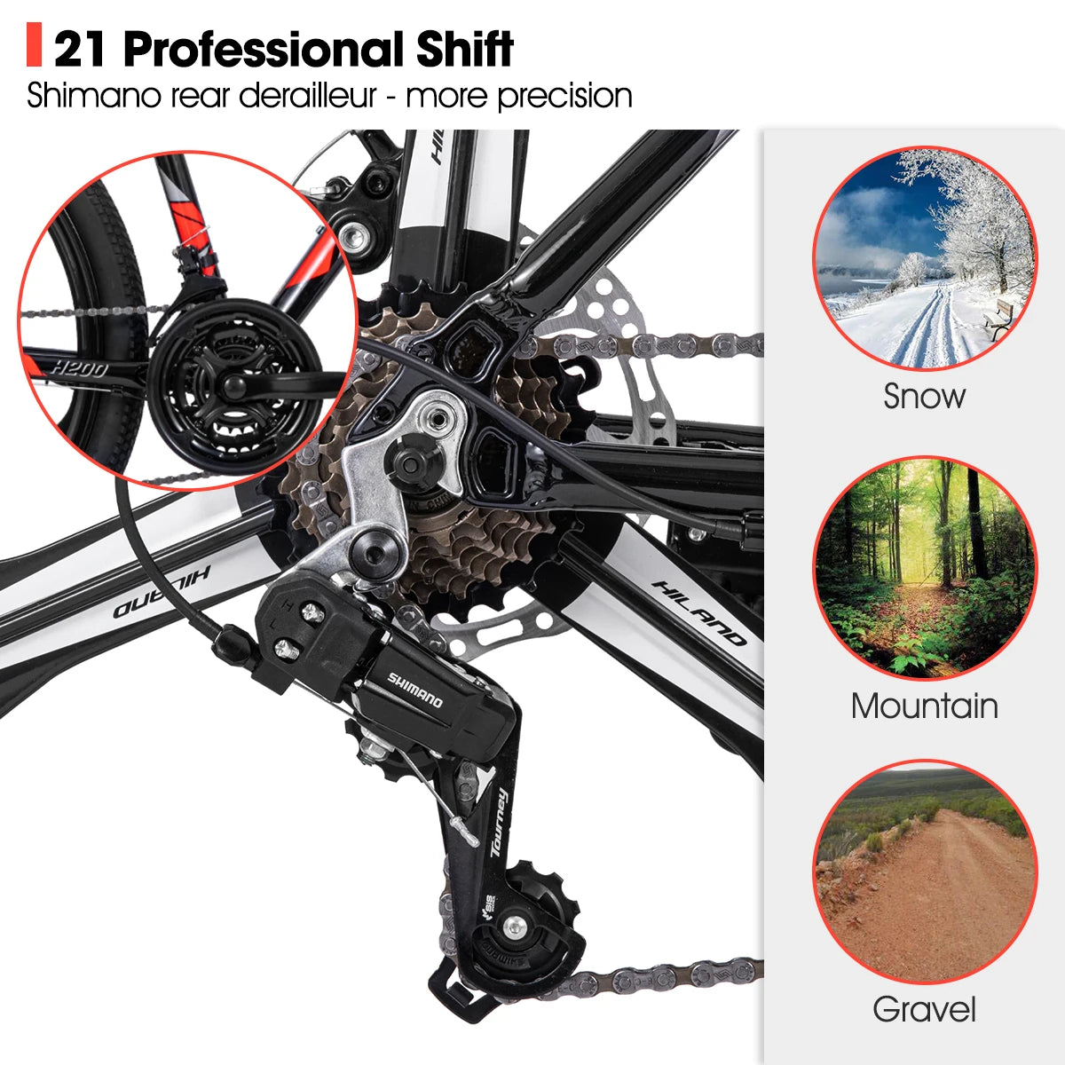 Mountain bike with Shimano 21-speed drivetrain, black frame, and knobby tires for off-road riding by Your Outdoors n' More.