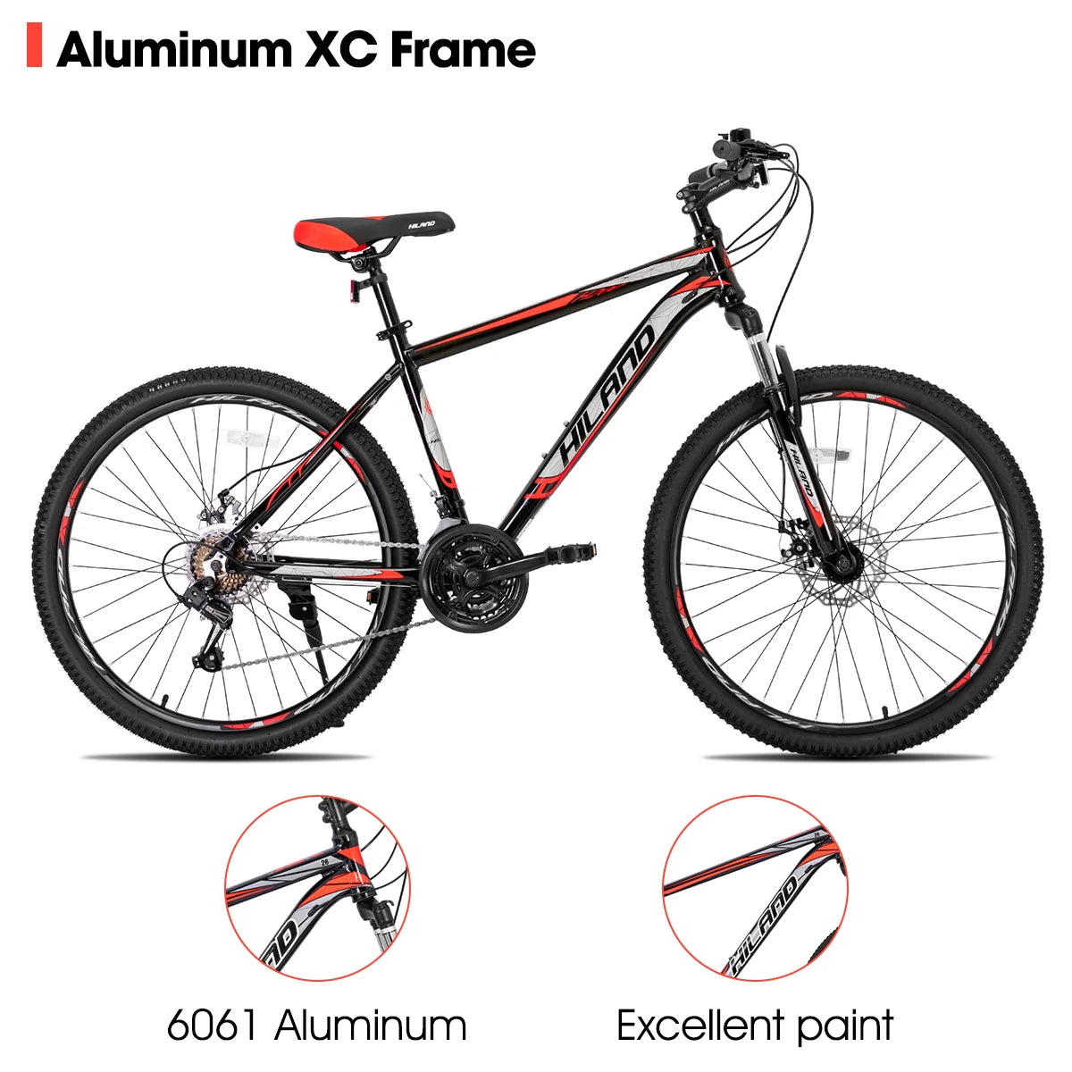 Mountain bike with Shimano 21-speed drivetrain, featuring a sturdy frame and gear shifters for versatile outdoor cycling.