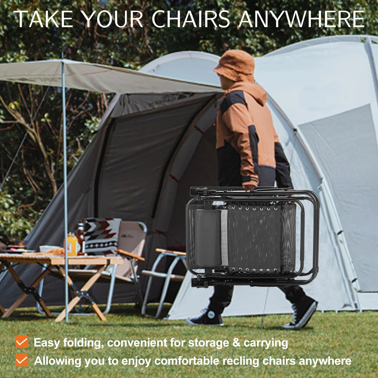 Two portable zero gravity recliners from Your Outdoors n' More, lightweight and comfortable for outdoor relaxation.