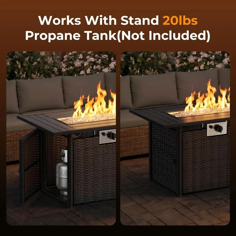 8-Piece Wicker Patio Conversation Set with 44" Propane Fire Pit Table.
