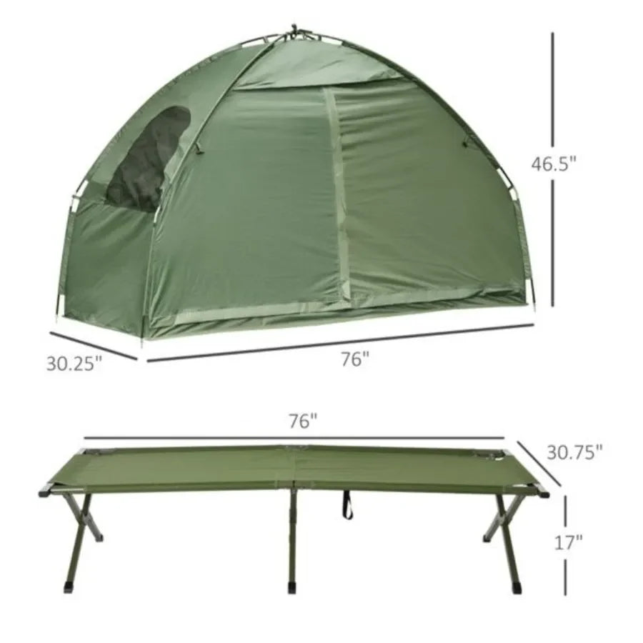 2-in-1 camping set includes a camping tent and an elevated cot.