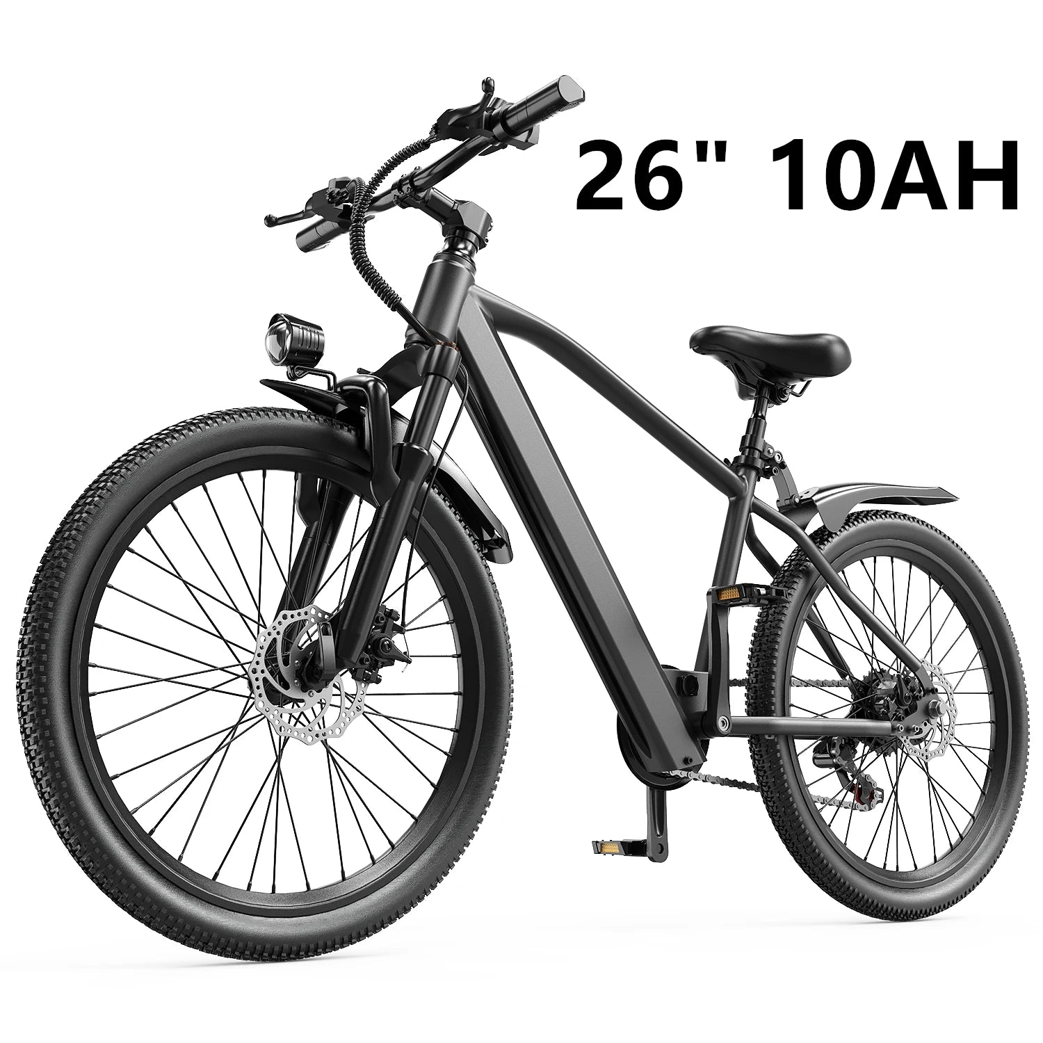 Electric mountain bike by Your Outdoors n' More with 36V battery, 500W peak motor, and 21-speed gear system, shown on a trail.