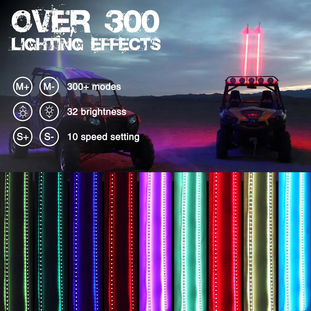 Two 4-foot LED whip lights with remote control, spiral design, from Your Outdoors n' More, shown illuminated and coiled.