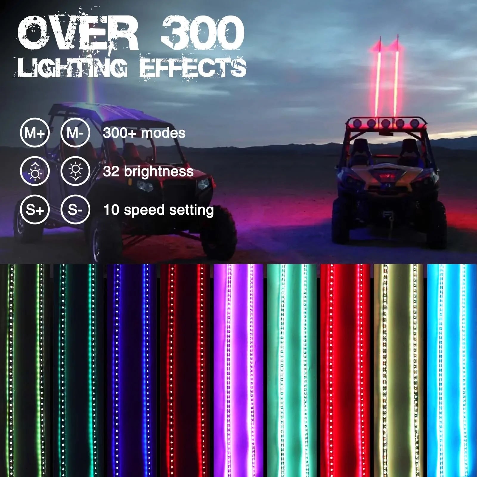 Two 4-foot LED whip lights with remote control, spiral design, from Your Outdoors n' More, shown illuminated and coiled.