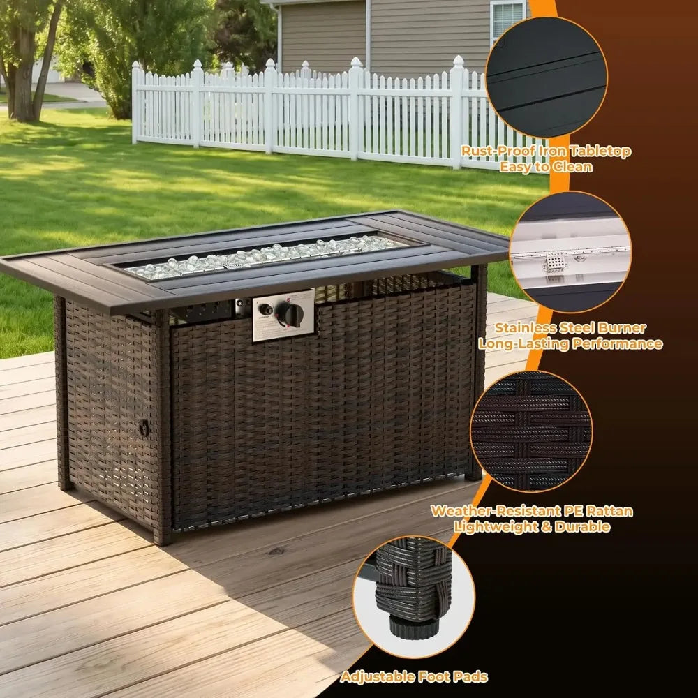 8-Piece Wicker Patio Conversation Set with 44" Propane Fire Pit Table.