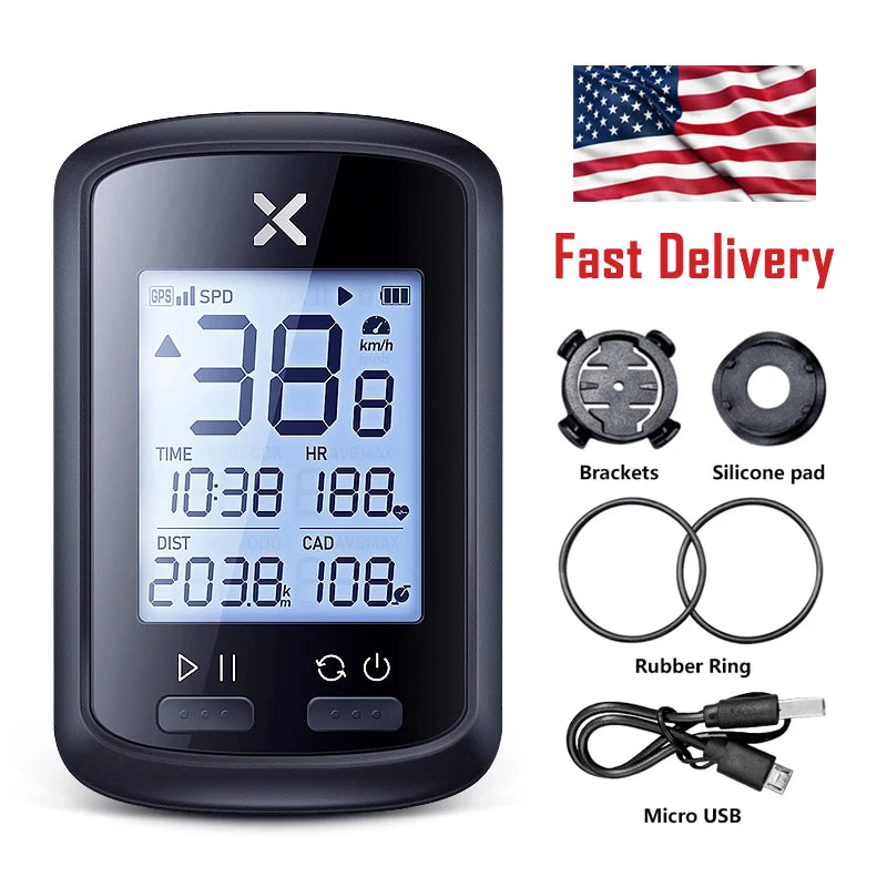 Wireless GPS bicycle computer with speedometer display, tracking cycling distance, speed, and navigation for outdoor cycling adventures.