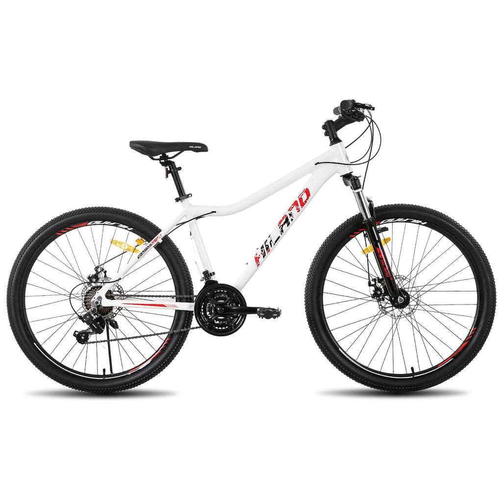 Hiland women's mountain bike with 20, 26, or 27-inch frame, 21-speed gears, and lock-out suspension fork for off-road riding.