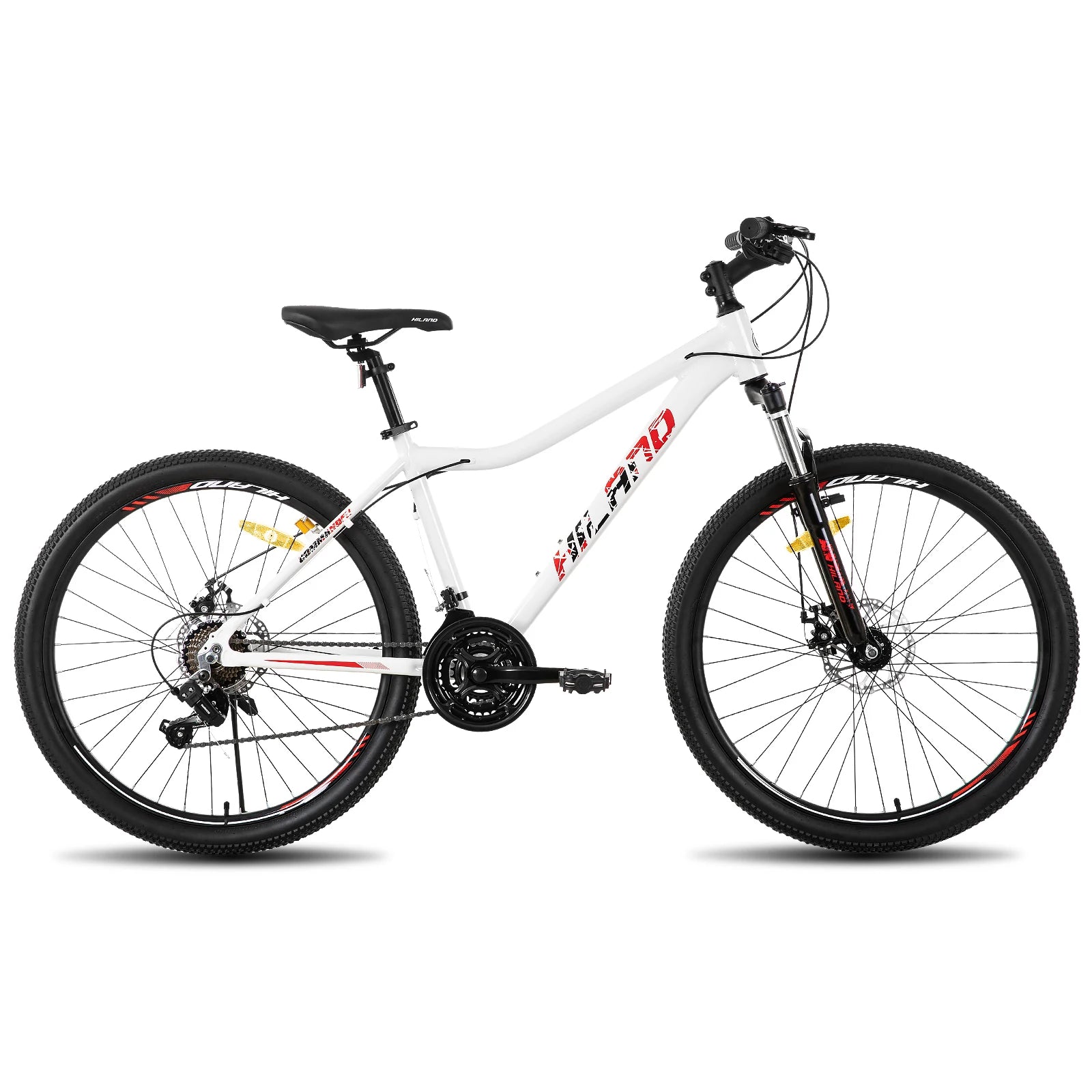 Hiland women's mountain bike with 20, 26, or 27-inch frame, 21-speed gears, and lock-out suspension fork for off-road riding.