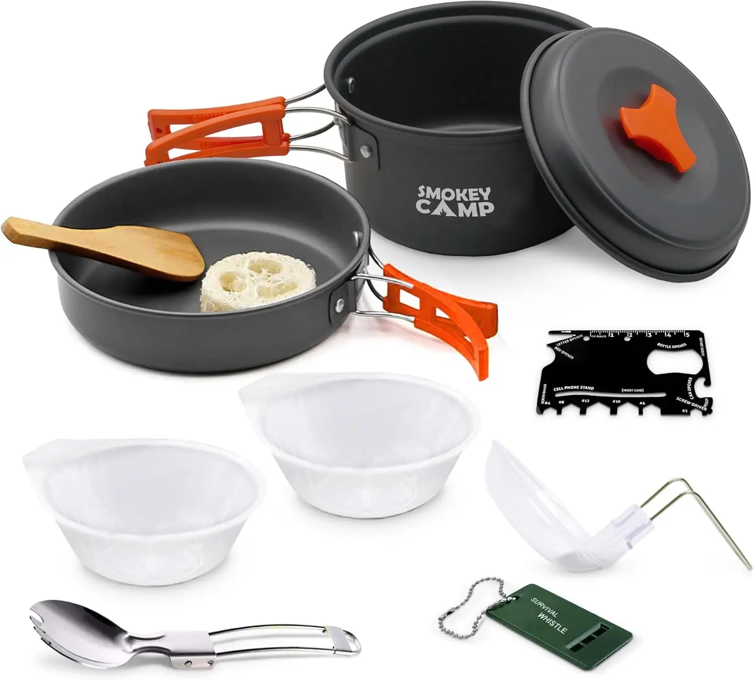 Your Outdoors n' More camping cookware mess kit set with stove, including pots, pans, utensils, and portable stove for outdoor cooking.