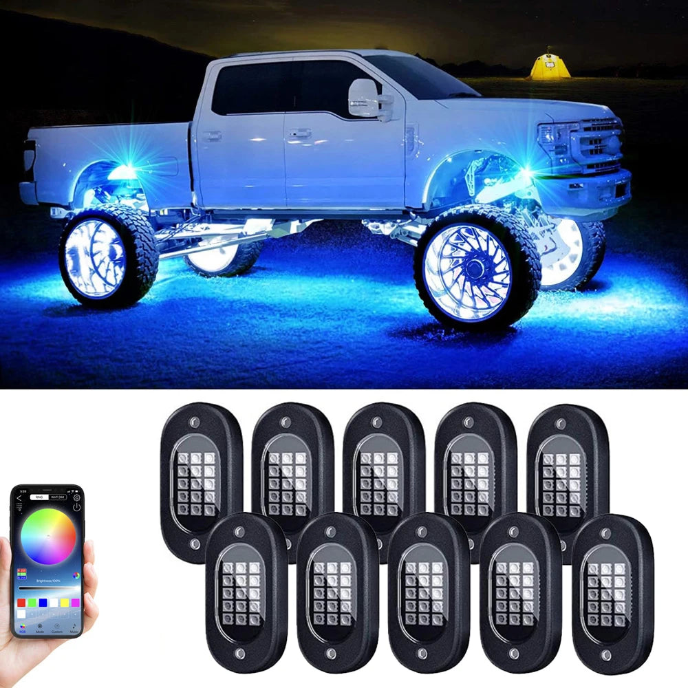 Underbody car rock lights by Your Outdoors n' More illuminating the vehicle's underside with vibrant LED lights.