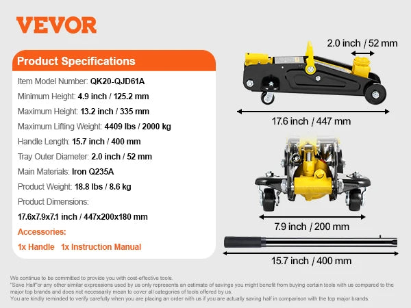 Heavy-duty 2-ton low profile floor jack from Your Outdoors n' More, shown in black with a compact design for easy vehicle lifting.