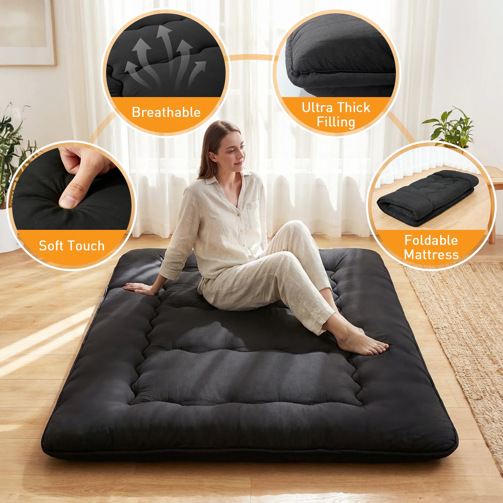 Soft 4-inch floor mattress by Your Outdoors n' More, shown rolled out on a wooden floor for comfortable seating or sleeping.