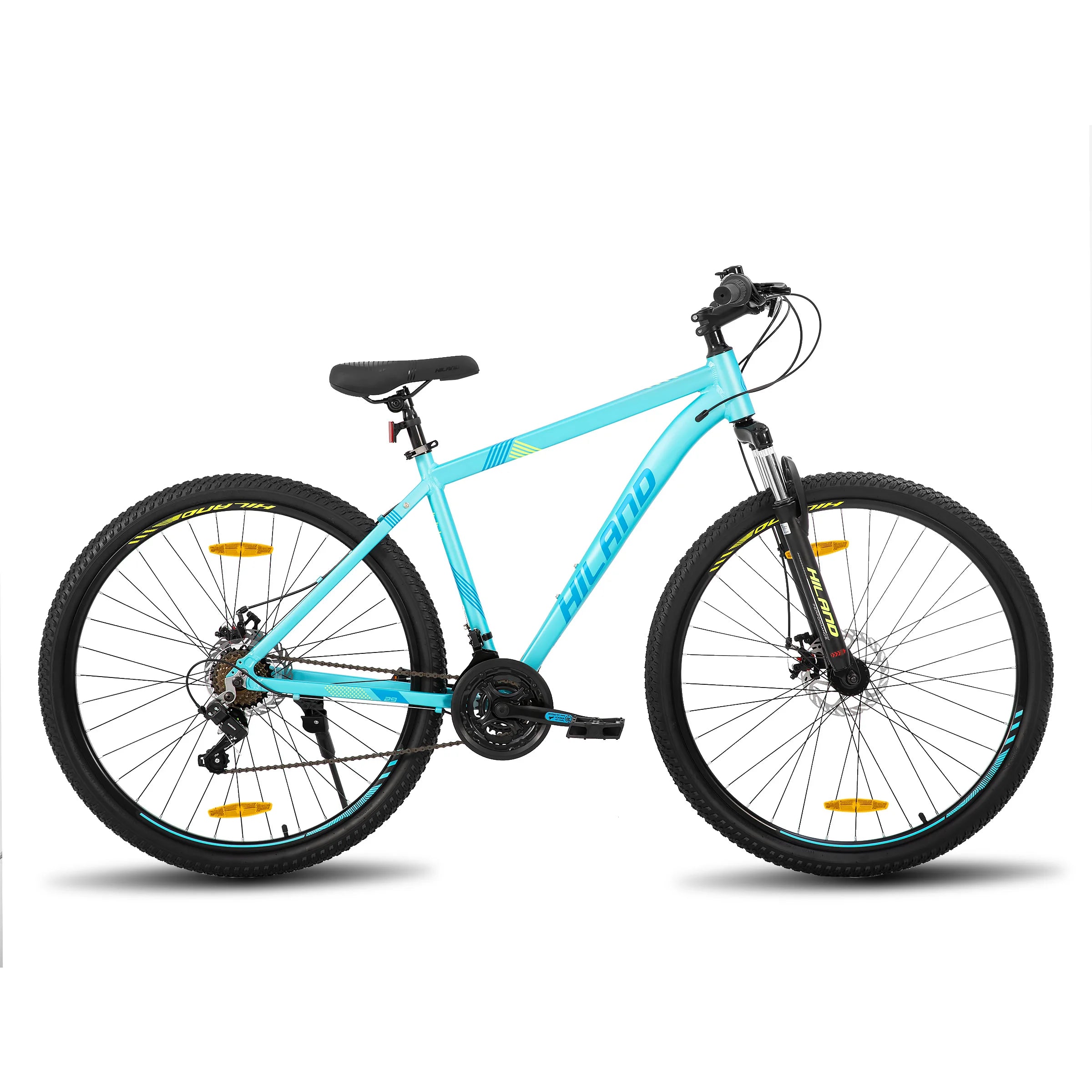 Mountain bike with Shimano 21-speed drivetrain, sturdy frame, and knobby tires, ideal for outdoor cycling adventures.